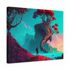 A square canvas wall art print showing a surreal landscape with a lone figure standing on a red shore, facing a large twisted tree on a cliff, turquoise water, and a glowing sky. The canvas is photographed at a slight angle against a plain white background.