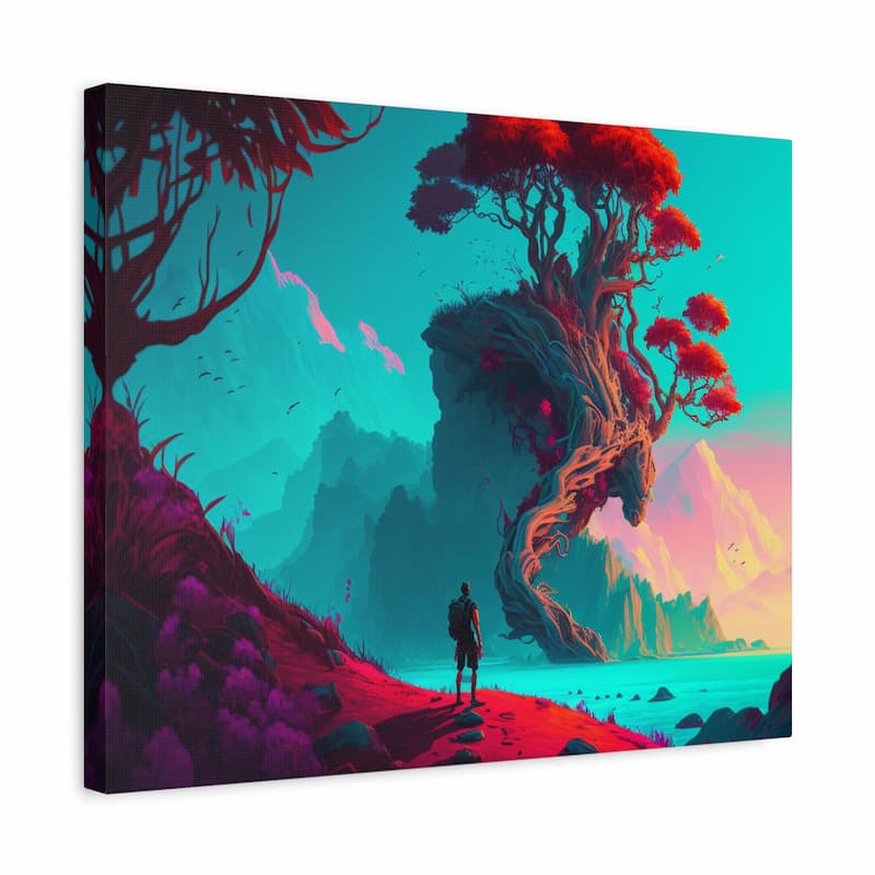 A square canvas wall art print showing a surreal landscape with a lone figure standing on a red shore, facing a large twisted tree on a cliff, turquoise water, and a glowing sky. The canvas is photographed at a slight angle against a plain white background.