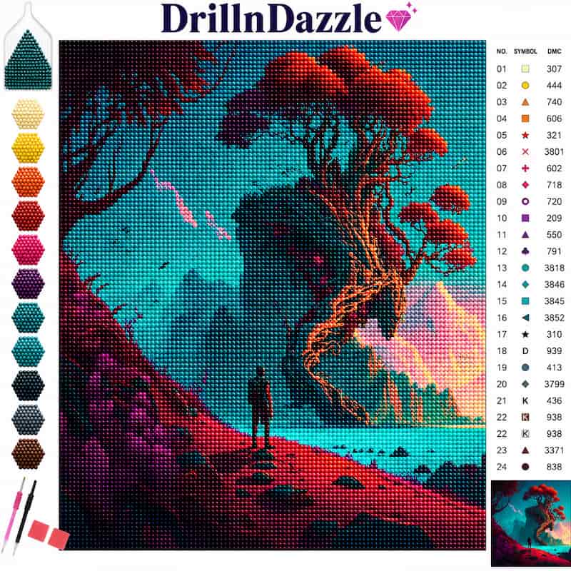 A diamond painting style craft kit cover showing a colorful fantasy landscape with a lone figure, red trees, blue mountains, and a color chart on the left and a symbol legend on the right. The brand name DrillInDazzle is displayed at the top.