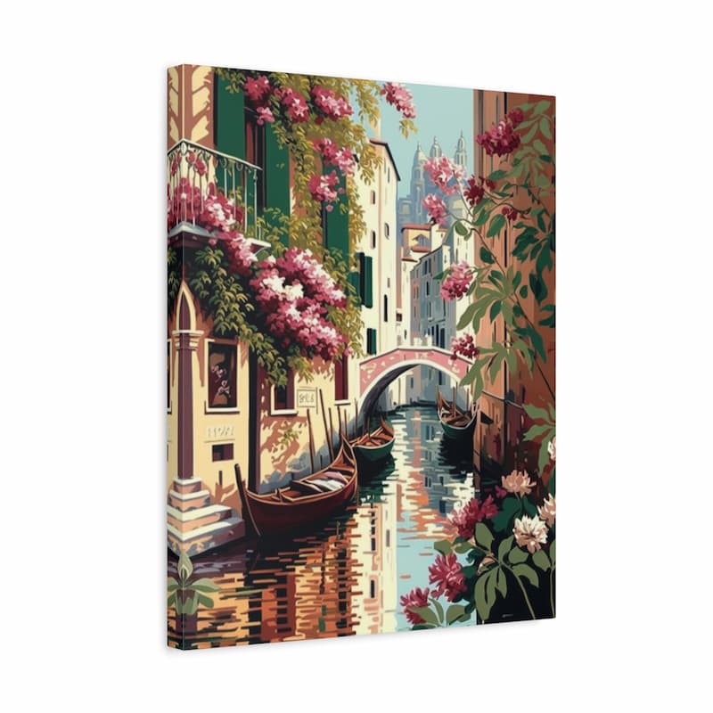 A vertical canvas print depicting a picturesque Venetian canal scene with gondolas, pink flowering vines, historic buildings, and an arched bridge, shown against a plain white background.
