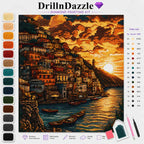 DrillnDazzle Diamond Painting Kit featuring a completed coastal village artwork in warm sunset tones, with a color list, diamond paint swatches, tools, and branding on a white background.