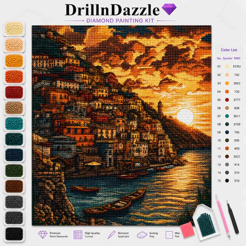 DrillnDazzle Diamond Painting Kit featuring a completed coastal village artwork in warm sunset tones, with a color list, diamond paint swatches, tools, and branding on a white background.