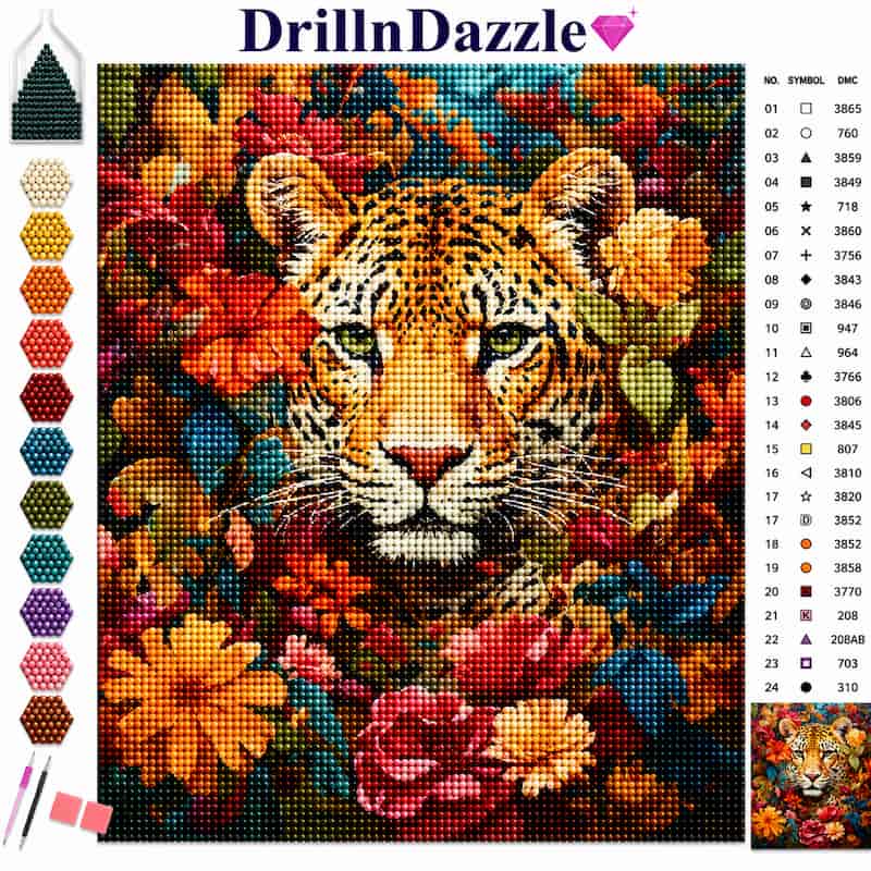 A colorful diamond painting style artwork featuring a leopard face surrounded by flowers, with a color chart, symbol legend, and a small preview of the finished design. The brand name DrillnDazzle appears at the top.