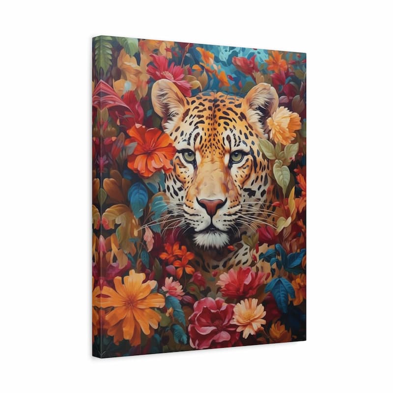 A square canvas wall art print featuring a close-up portrait of a leopard surrounded by vivid tropical flowers, shown at a slight angle on a plain white background.