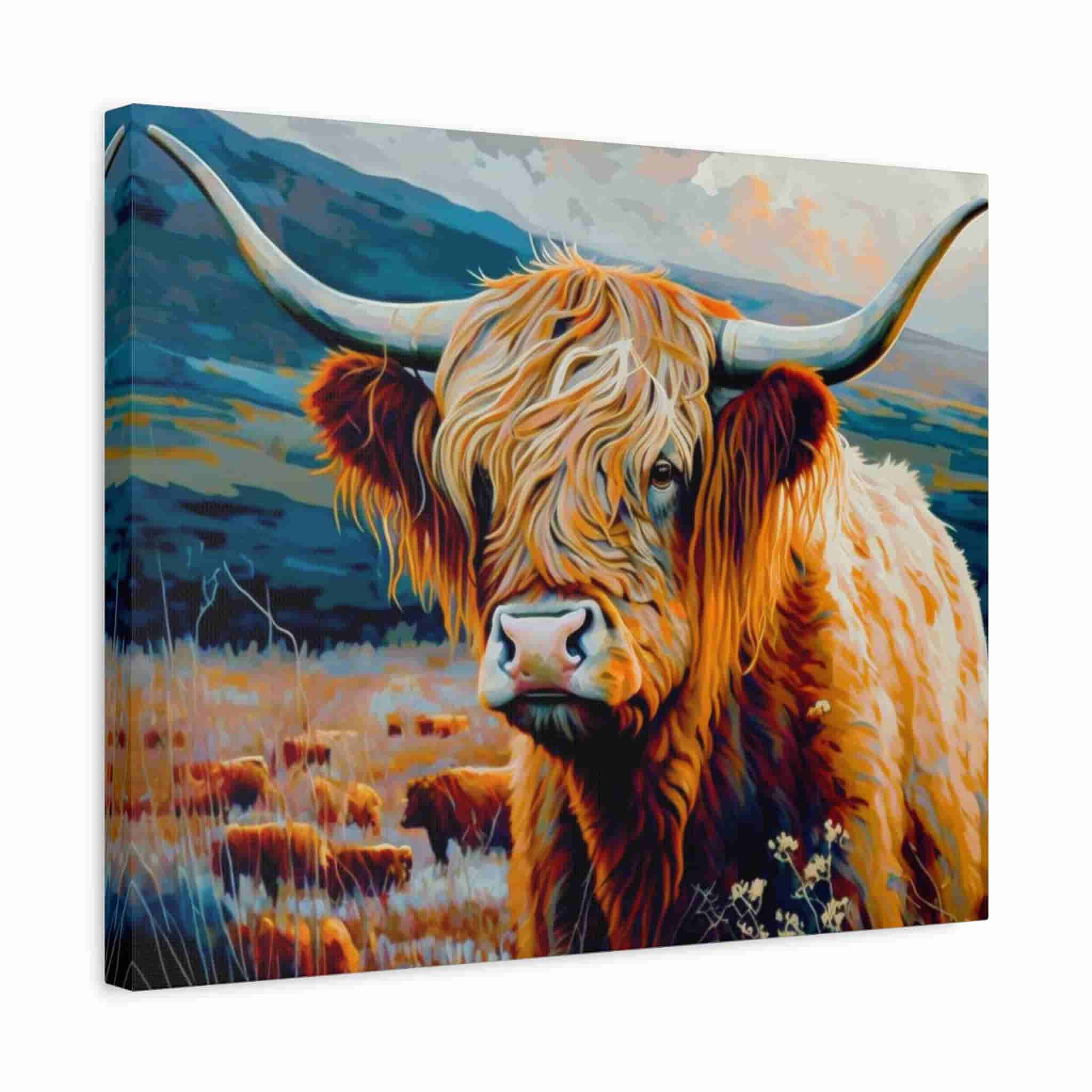 A square canvas wall art print depicting a close-up portrait of a Highland cow with long horns, set in a grassy field with mountains in the background. The canvas is shown at an angle against a plain white background.