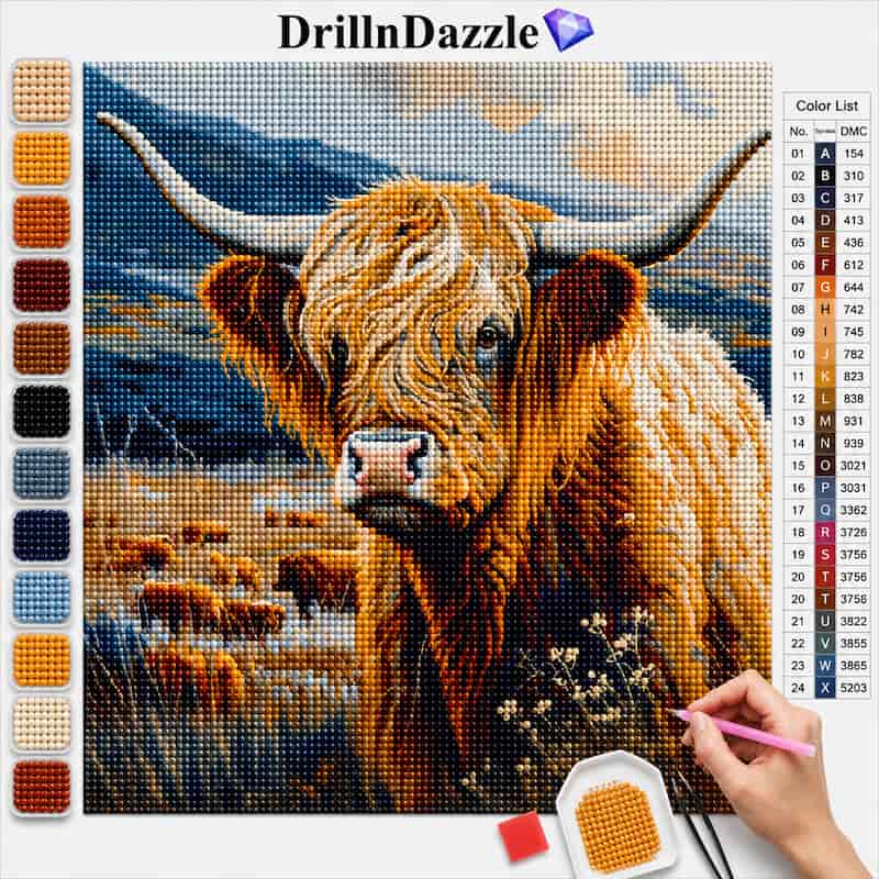 A diamond painting canvas featuring a detailed Highland cow in a mountain landscape, with a color list chart on the right and a hand holding a pink paint pen working on the canvas. The brand name DrillInDazzle is visible at the top.