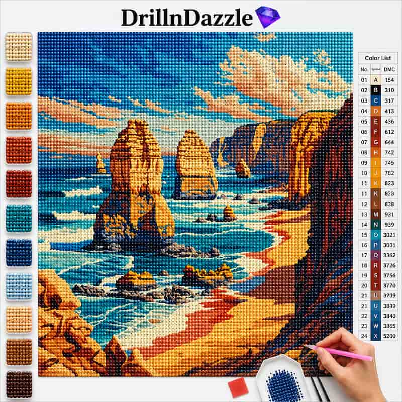 A diamond painting kit preview showing a completed coastal landscape design with sea stacks, cliffs, and blue ocean under a cloudy sky. The image includes a color list on the right and a vertical row of color swatches on the left.