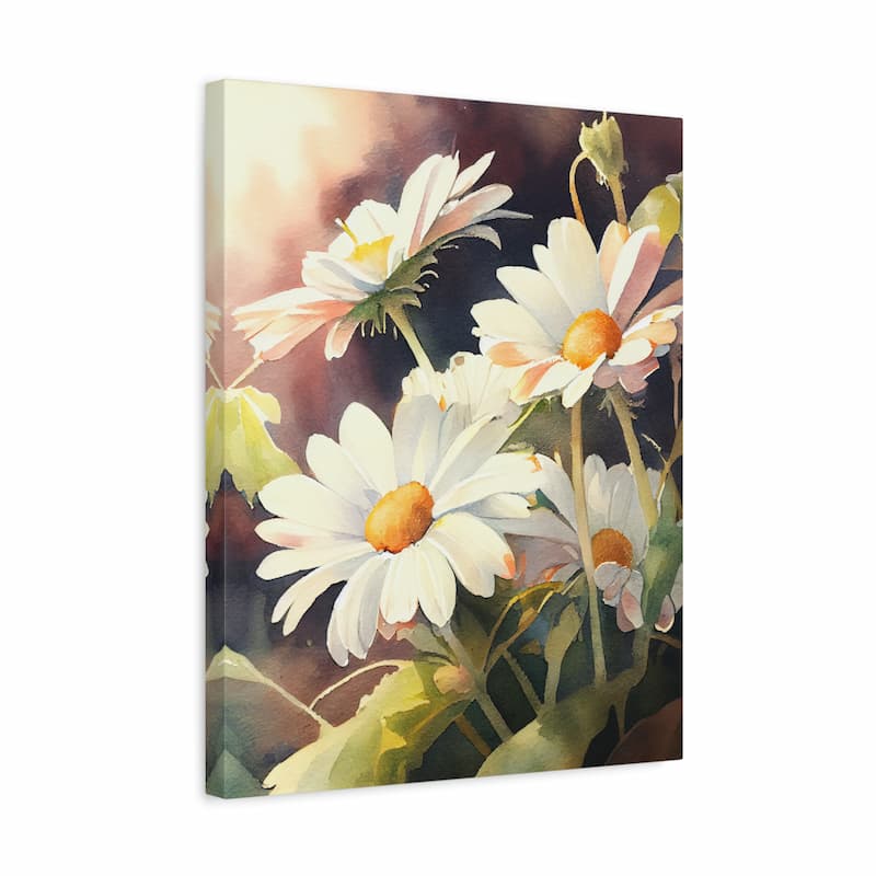 A square canvas wall art print depicting a bouquet of yellow and white daffodils in a clear glass vase on a windowsill, shown at an angle against a plain white background.