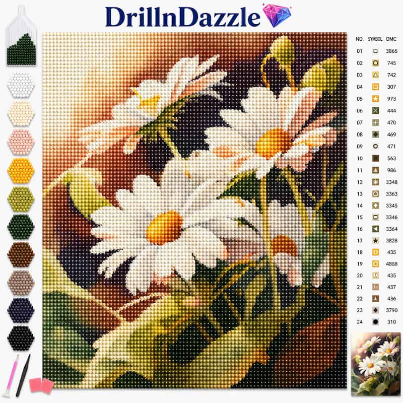A diamond painting or cross-stitch style floral kit preview showing a daisy design with a color chart, brand name DrillnDazzle at the top, a row of color swatches on the left, and a small finished sample corner on the bottom right.