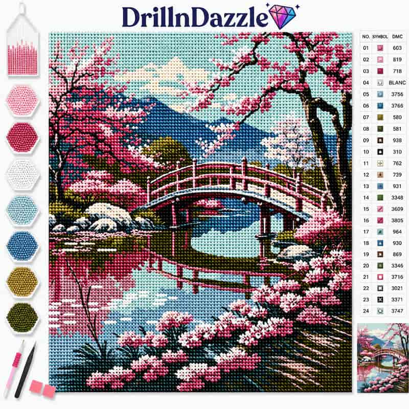 DrillInDazzle diamond painting kit featuring a cherry blossom landscape with a red arched bridge over water, shown with a color chart, swatches, and tools on a white background.
