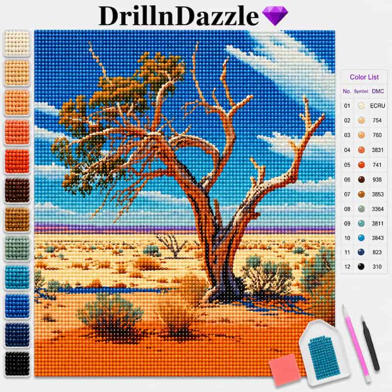 DrillInDazzle diamond painting kit showing a completed desert landscape design with a prominent tree, featuring a color list, swatches, and tools on a white background.