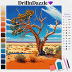 DrillInDazzle diamond painting kit showing a completed desert landscape design with a prominent tree, featuring a color list, swatches, and tools on a white background.