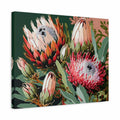 A square canvas wall art print featuring a stylized botanical illustration of protea flowers in red, pink, cream, and green tones against a dark green background, shown at a slight angle on a white studio background.