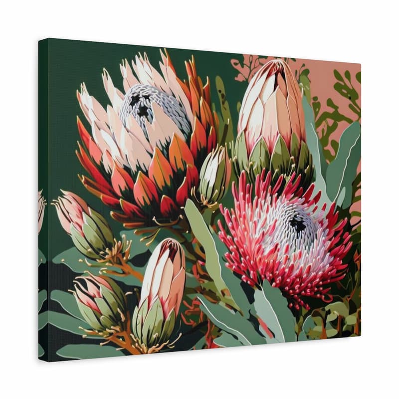 A square canvas wall art print featuring a stylized botanical illustration of protea flowers in red, pink, cream, and green tones against a dark green background, shown at a slight angle on a white studio background.