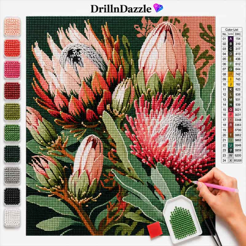 A diamond painting kit showing a floral design made of many colored beads, with a hand holding a pink paint pen at the lower right. The image includes a color list chart, a vertical row of color swatches on the left, and the brand name DrillnDazzle at the top.