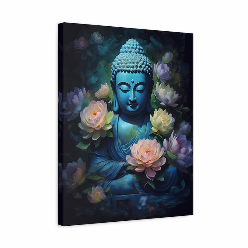 A vertical canvas wall art print featuring a serene blue Buddha statue surrounded by soft pink, lavender, and cream lotus flowers against a dark background, shown at a slight angle on a white backdrop.