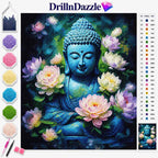 DrillnDazzle diamond painting canvas featuring a meditating Buddha surrounded by pink and white lotus flowers, with a color chart and paint beads shown on a white background.