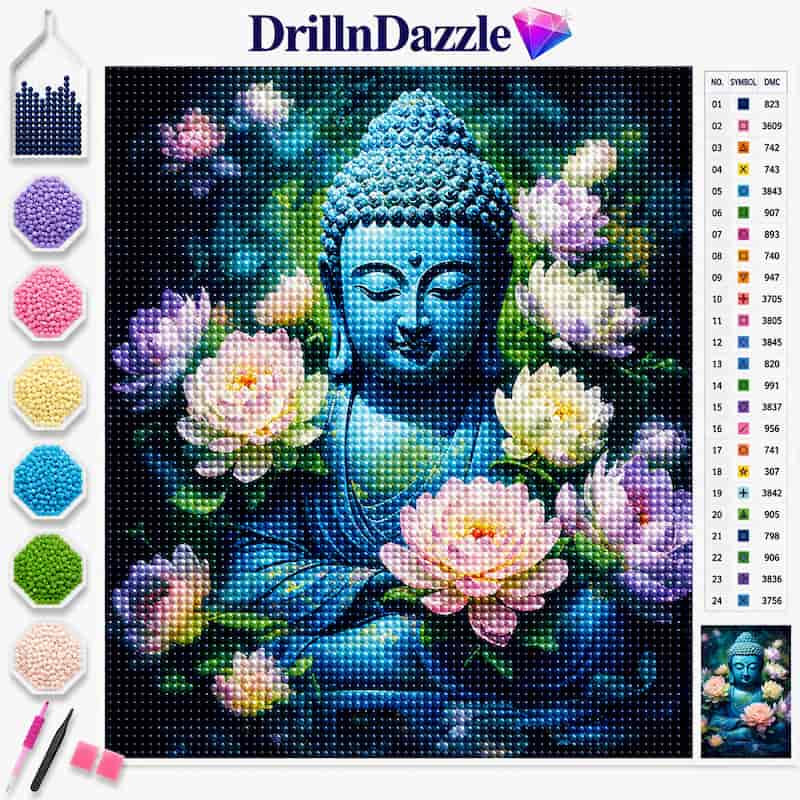 DrillnDazzle diamond painting canvas featuring a meditating Buddha surrounded by pink and white lotus flowers, with a color chart and paint beads shown on a white background.