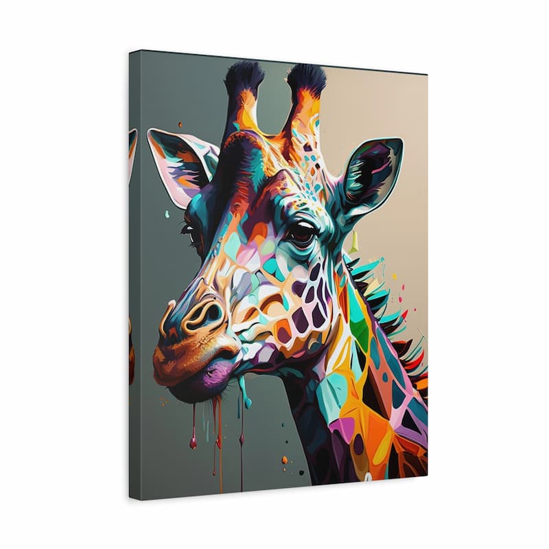 A colorful abstract giraffe portrait artwork shown as a gallery-wrapped canvas against a light gray background.