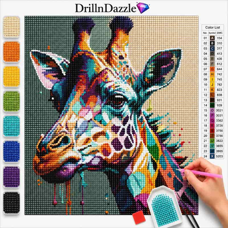 A colorful diamond painting or cross-stitch style giraffe artwork shown on a grid, with a hand holding a pink applicator tool at the lower right. The image includes a color list chart on the right and a vertical row of color swatches on the left.
