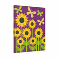 A rectangular wall art print or canvas featuring a stylized floral design with yellow sunflowers, green leaves, and light yellow butterflies on a purple background, shown at a slight angle against a white backdrop.