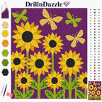A diamond painting kit design sheet by DrillnDazzle featuring a purple background with yellow sunflowers, green stems, and yellow butterflies. The image includes a color chart, a row of selected paint stones on the left, and a small finished sample in the bottom right corner.