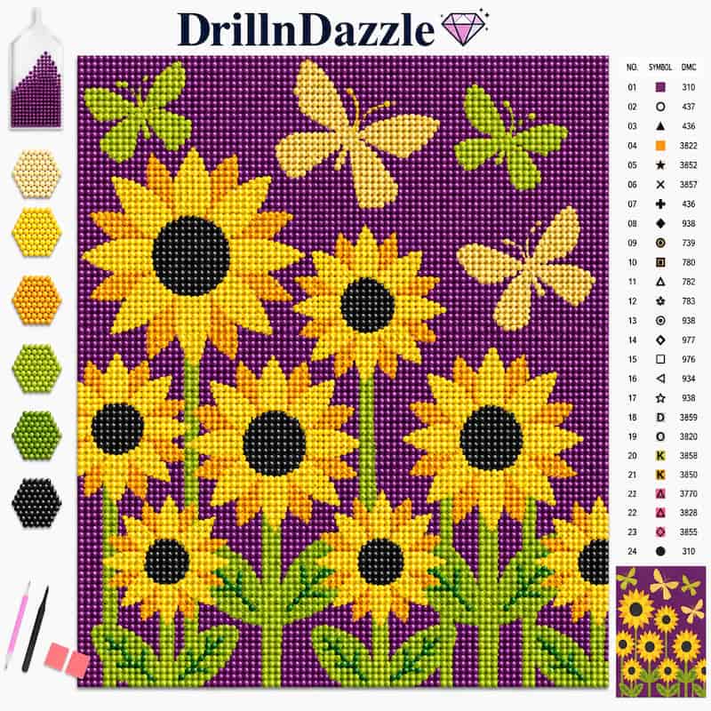 A diamond painting kit design sheet by DrillnDazzle featuring a purple background with yellow sunflowers, green stems, and yellow butterflies. The image includes a color chart, a row of selected paint stones on the left, and a small finished sample in the bottom right corner.