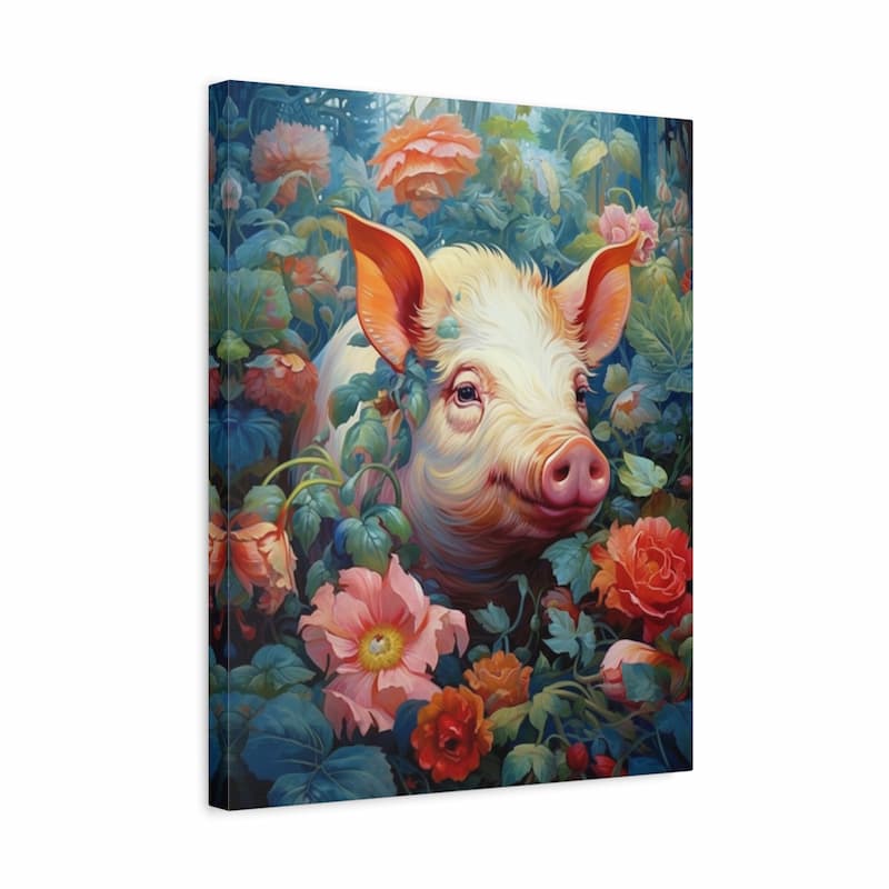A vertical canvas wall art print featuring a whimsical painting of a pink pig nestled among colorful flowers and green leaves, shown at a slight angle against a plain white background.