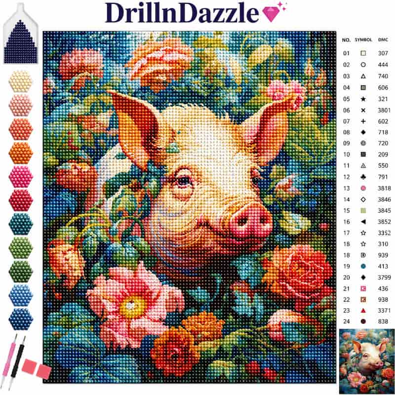 A diamond painting style craft kit cover showing a pixelated pig surrounded by colorful flowers, with a color chart and included tools on the left and a small finished preview on the right. The brand name DrillInDazzle is visible at the top.