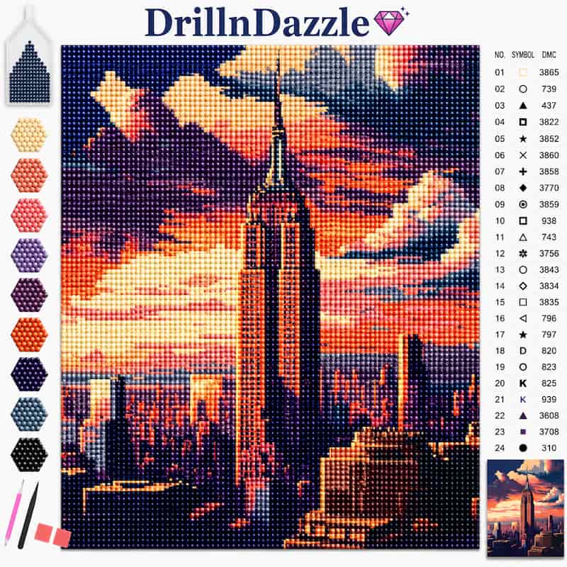 DrillnDazzle diamond painting kit cover featuring a New York City skyline with the Empire State Building at sunset. The design shows a grid of colorful diamond-shaped paint pieces forming the cityscape, with a color palette strip on the left, a symbol reference key on the right, and a small finished sample image in the bottom right corner.