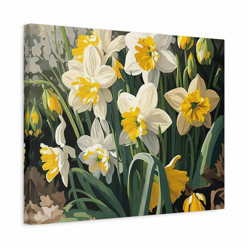 A rectangular canvas wall art print featuring a close-up floral scene of white and yellow daffodils with green leaves, shown at a slight angle against a plain white background.