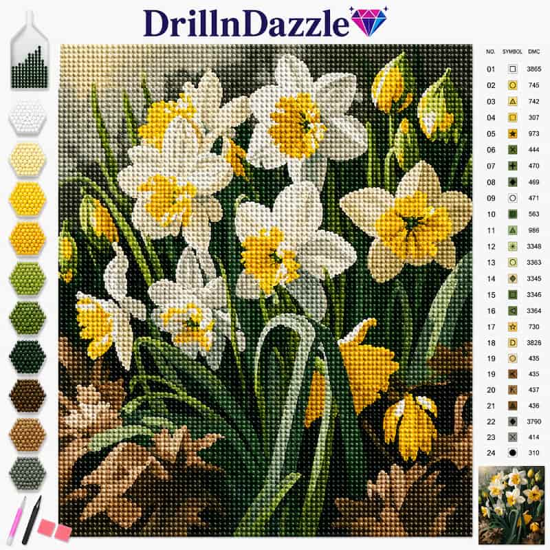 A diamond painting or cross-stitch style floral design showing white and yellow daffodils with green stems and leaves, alongside a color palette strip and a reference number chart. The brand name DrillInDazzle appears at the top with a small diamond icon.