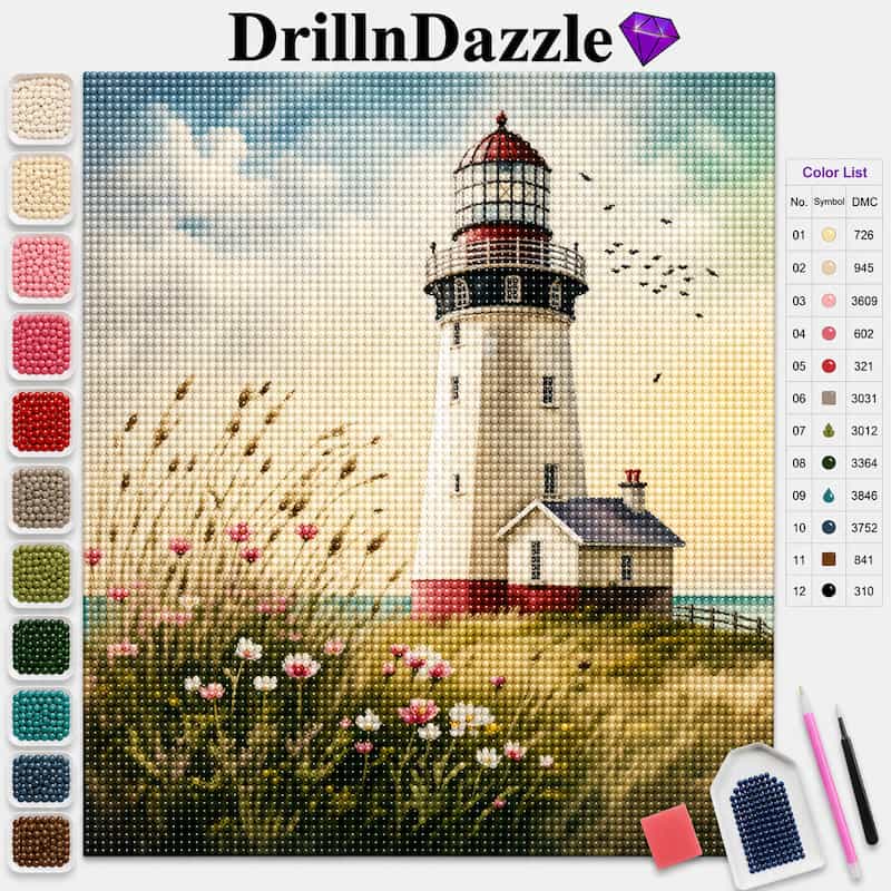A cross-stitch or diamond painting kit preview showing a lighthouse coastal scene with grasses and flowers. The image includes the DrillnDazzle brand name at the top, a color list panel on the right, and swatches of thread on the left.