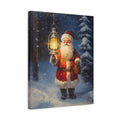 A vertical canvas wall art print depicting Santa Claus holding a glowing lantern in a snowy night scene with pine trees. The canvas is shown at a slight angle against a plain white background.