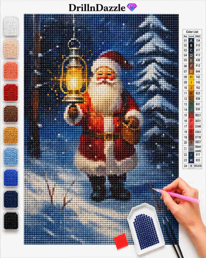 A diamond painting kit design featuring Santa Claus holding a glowing lantern in a snowy night forest. The image shows the completed canvas artwork, a color reference chart on the right, a vertical row of paint swatches on the left, and a hand holding a pink paint pen at the bottom right.