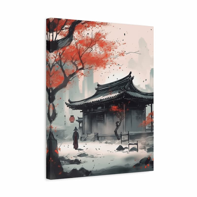A vertical canvas wall art print featuring an Asian-inspired landscape painting with a traditional black-roofed building, a lone figure, and red autumn foliage against a pale misty background.
