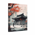 A vertical canvas wall art print featuring an Asian-inspired landscape painting with a traditional black-roofed building, a lone figure, and red autumn foliage against a pale misty background.