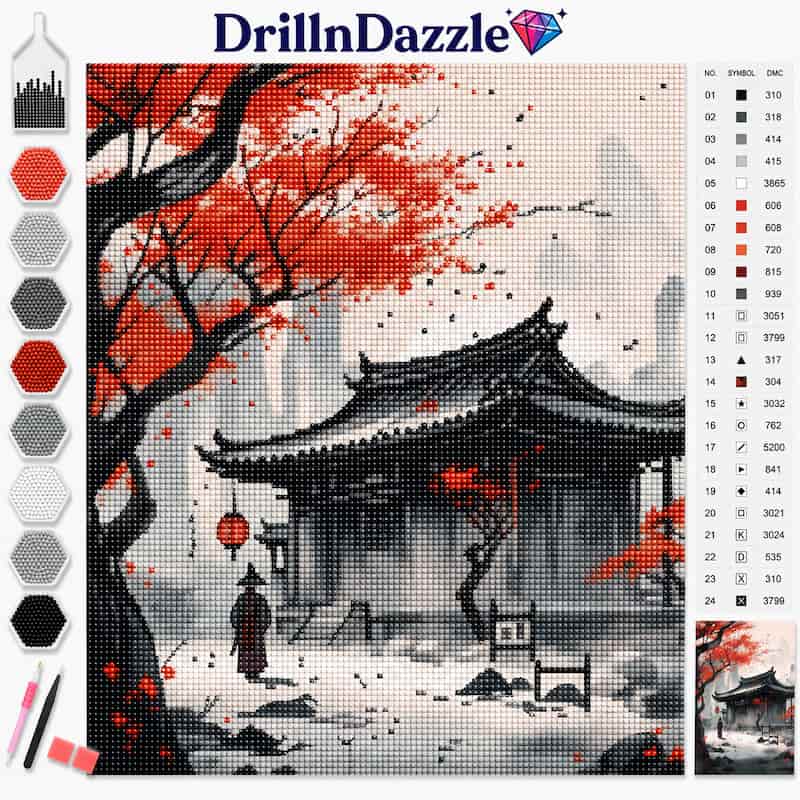 DrillInDazzle diamond painting canvas featuring a traditional East Asian-style scene with a black pagoda, red-leafed tree, and a lone figure in a snowy courtyard. The image includes a color palette chart on the left, a numbered material list on the right, and a small preview of the finished canvas in the bottom right corner.