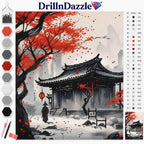 DrillInDazzle diamond painting canvas featuring a traditional East Asian-style scene with a black pagoda, red-leafed tree, and a lone figure in a snowy courtyard. The image includes a color palette chart on the left, a numbered material list on the right, and a small preview of the finished canvas in the bottom right corner.