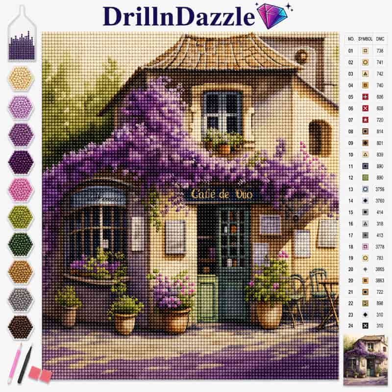 A cross-stitch or diamond painting style artwork preview showing a quaint house with purple flowering vines and potted plants. The image includes a brand header 'DrillnDazzle' at the top, a vertical row of color swatches on the left, a numbered color reference chart on the right, and a small finished artwork inset at the bottom right.