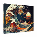 A square canvas wall art print featuring a stylized wave scene with a tree, mountains, clouds, and a glowing sun in deep blue, cream, orange, and red tones, shown at a slight angle against a white background.