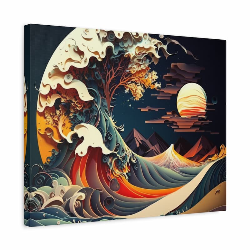 A square canvas wall art print featuring a stylized wave scene with a tree, mountains, clouds, and a glowing sun in deep blue, cream, orange, and red tones, shown at a slight angle against a white background.