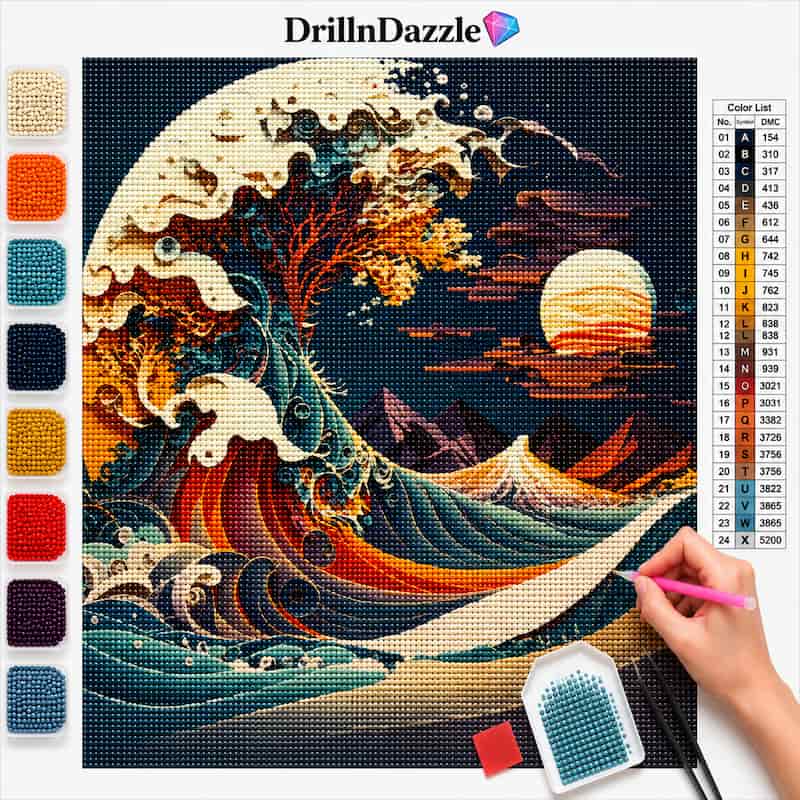 A diamond painting kit layout featuring a stylized wave artwork inspired by The Great Wave off Kanagawa. The image shows the completed artwork preview, a color list chart on the right, a vertical row of color swatches on the left, a DrillnDazzle logo at the top, and a hand holding a pink needle on the lower right.