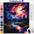A diamond painting or cross-stitch style art kit preview showing a colorful landscape design with mountains, a river, trees, and a glowing moon. The image includes a color list on the right, a vertical row of color swatches on the left, and small tools at the bottom right on a white background.