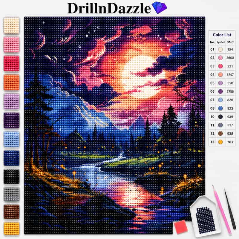 A diamond painting or cross-stitch style art kit preview showing a colorful landscape design with mountains, a river, trees, and a glowing moon. The image includes a color list on the right, a vertical row of color swatches on the left, and small tools at the bottom right on a white background.