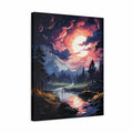 A vertical canvas wall art print depicting a fantasy landscape with a glowing full moon, dark clouds, pine trees, mountains, and a reflective river, shown at a slight angle against a plain white background.