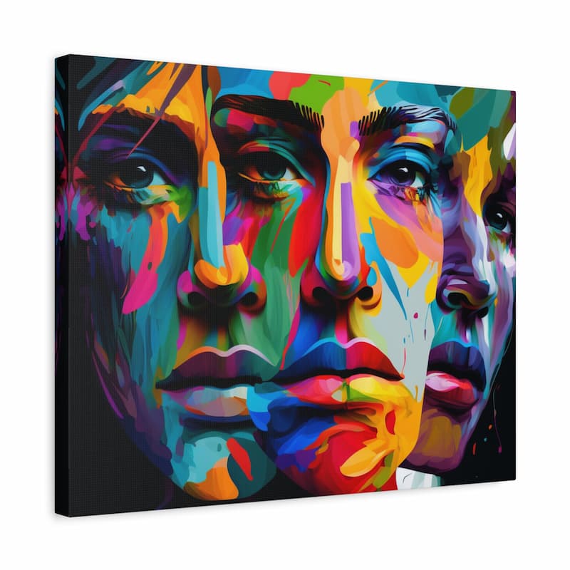 A square canvas wall art print featuring a vibrant, multicolored pop-art style portrait of three overlapping faces on a black background.