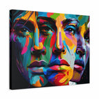 A square canvas wall art print featuring a vibrant, multicolored pop-art style portrait of three overlapping faces on a black background.