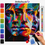 A colorful diamond painting or cross-stitch style portrait artwork showing a woman's face in bright multicolor blocks. The image includes a color list chart on the right and a vertical row of color swatches on the left.