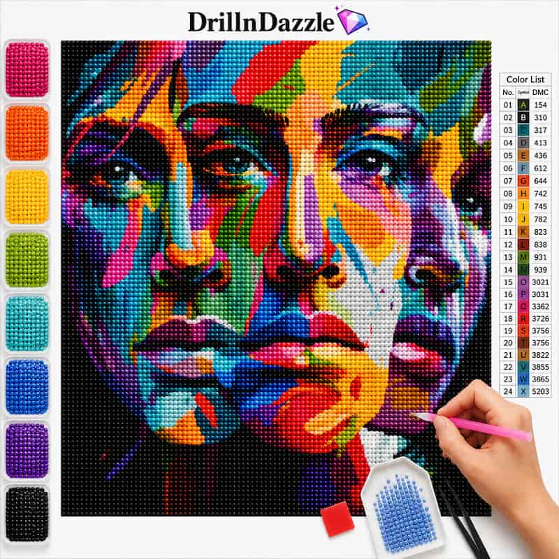 A colorful diamond painting or cross-stitch style portrait artwork showing a woman's face in bright multicolor blocks. The image includes a color list chart on the right and a vertical row of color swatches on the left.